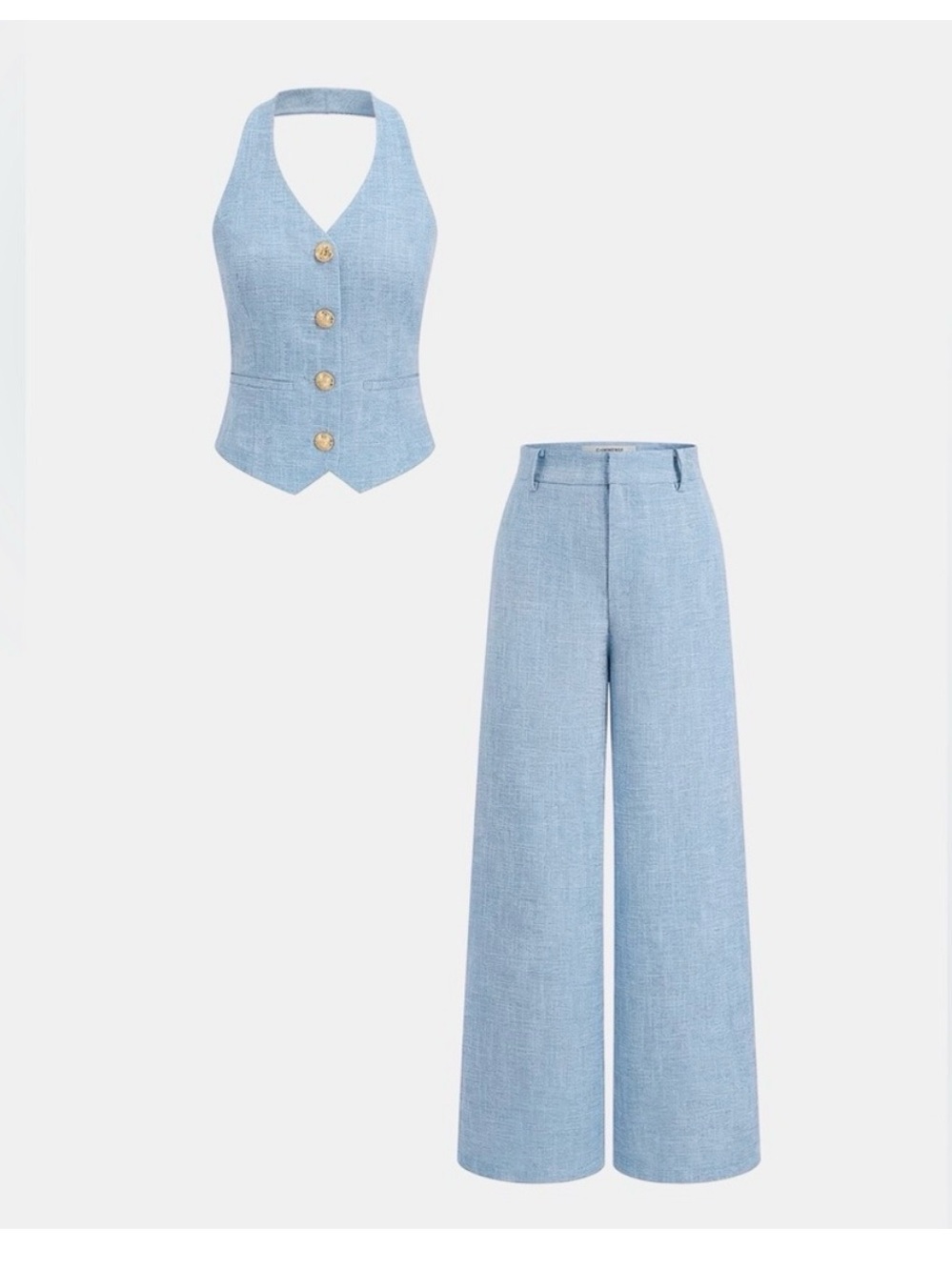 Sleeveless Light Blue Wide-Leg Pants with Halter Vest - Picture 2 of 2